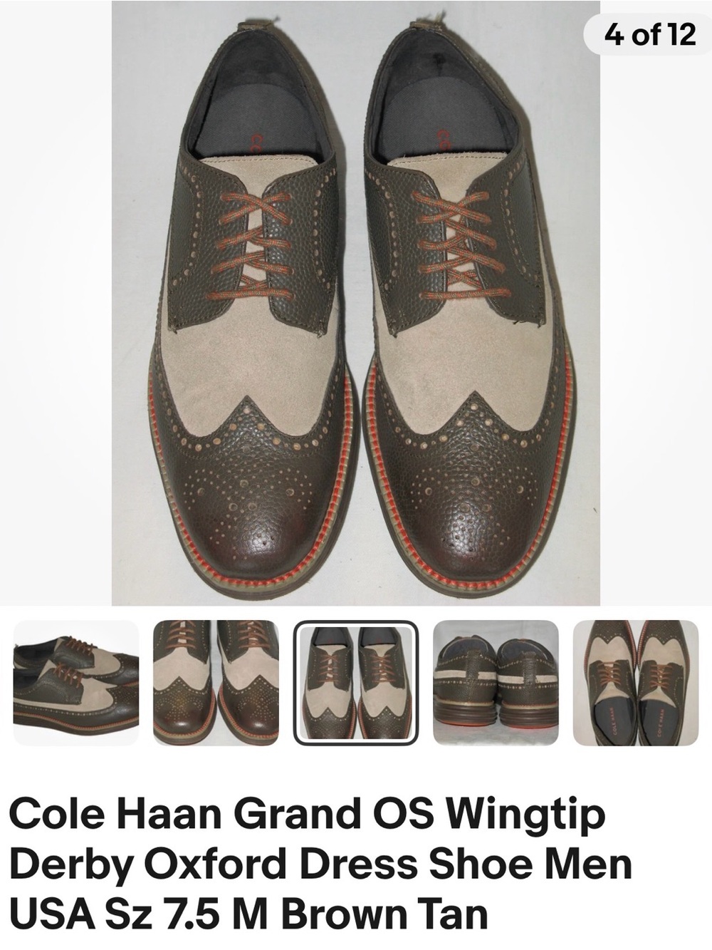 Cole Haan Grand OS Wingtip Oxford 7.5M Brown Tan Leather Suede Hybrid Shoes